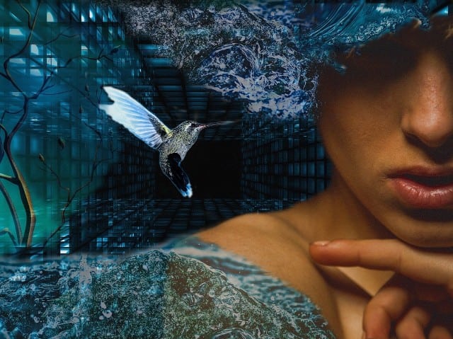 healing crystals woman and bird