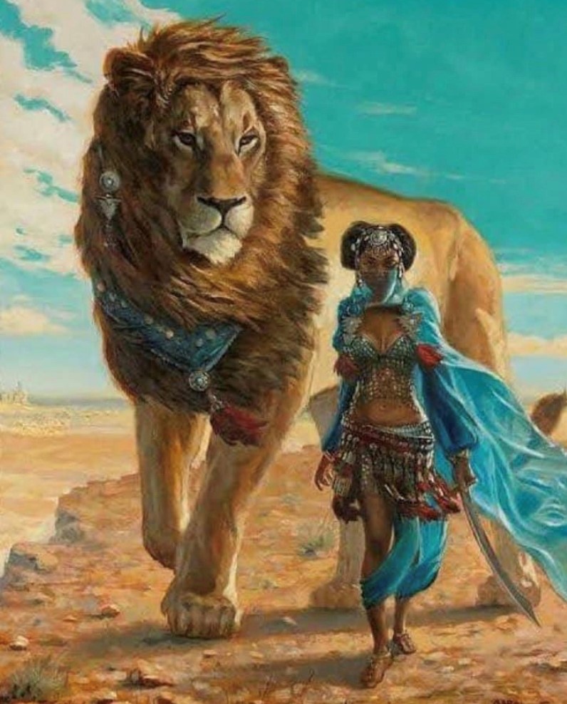 lion and woman